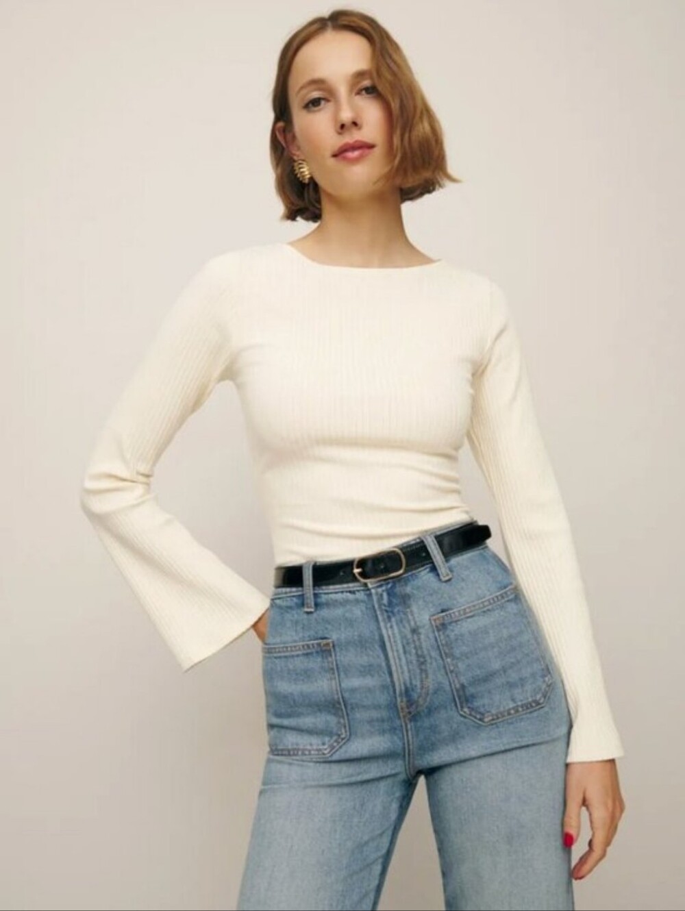 Reformation Miller Ribbed Long-Sleeve Scoop Neck Top - Cream Size XS